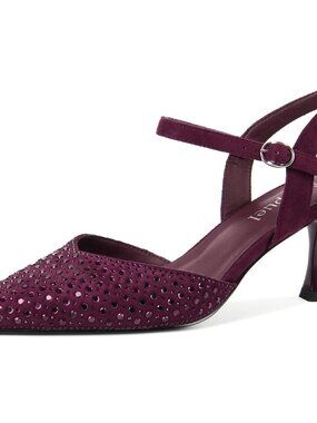 Women's Burgundy Rhinestone Kitten Heels Slingback Heels Pumps Ankle Strap